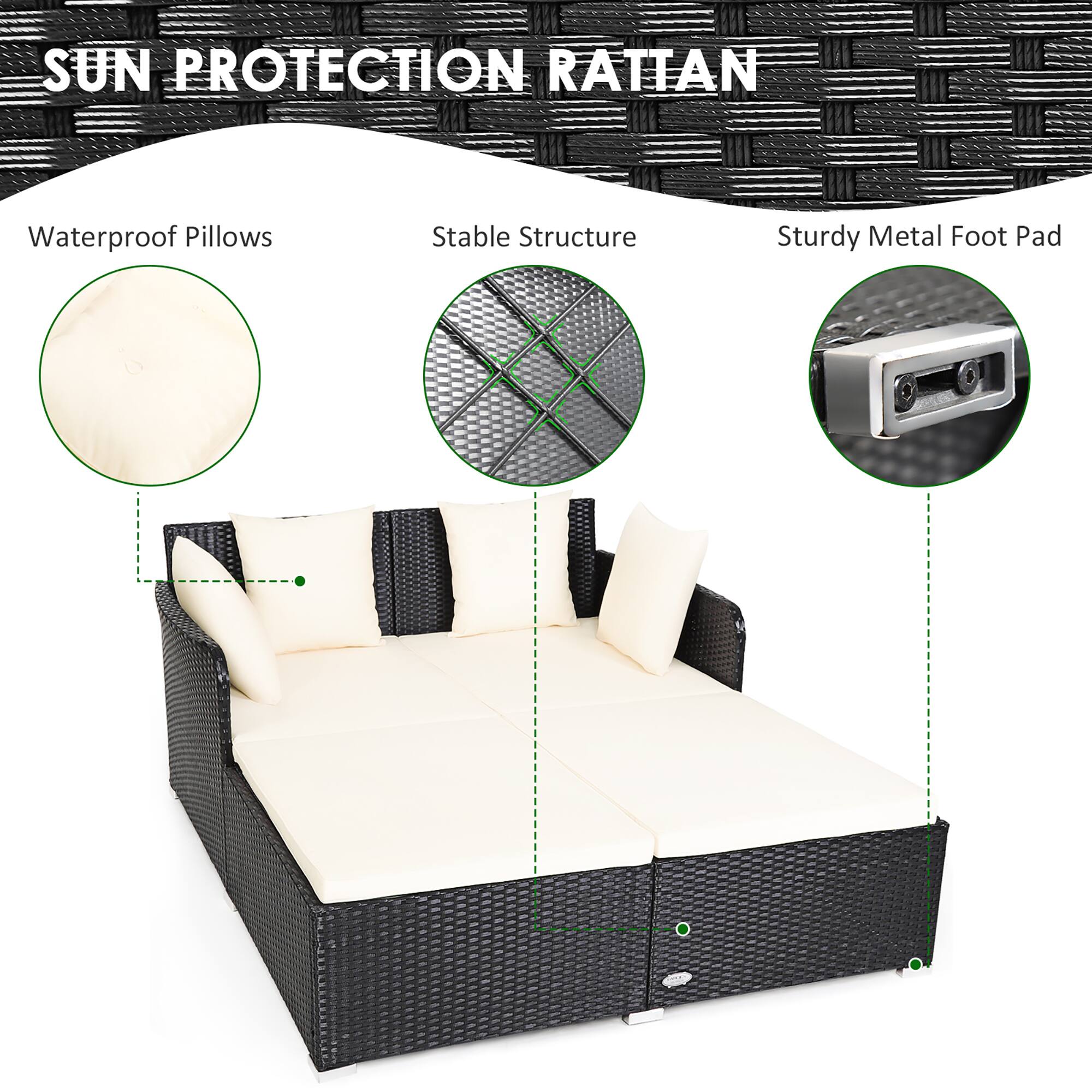Sun Protection Rattan Waterproof Pillows Stable Structure Sturdy Metal Foot Pad