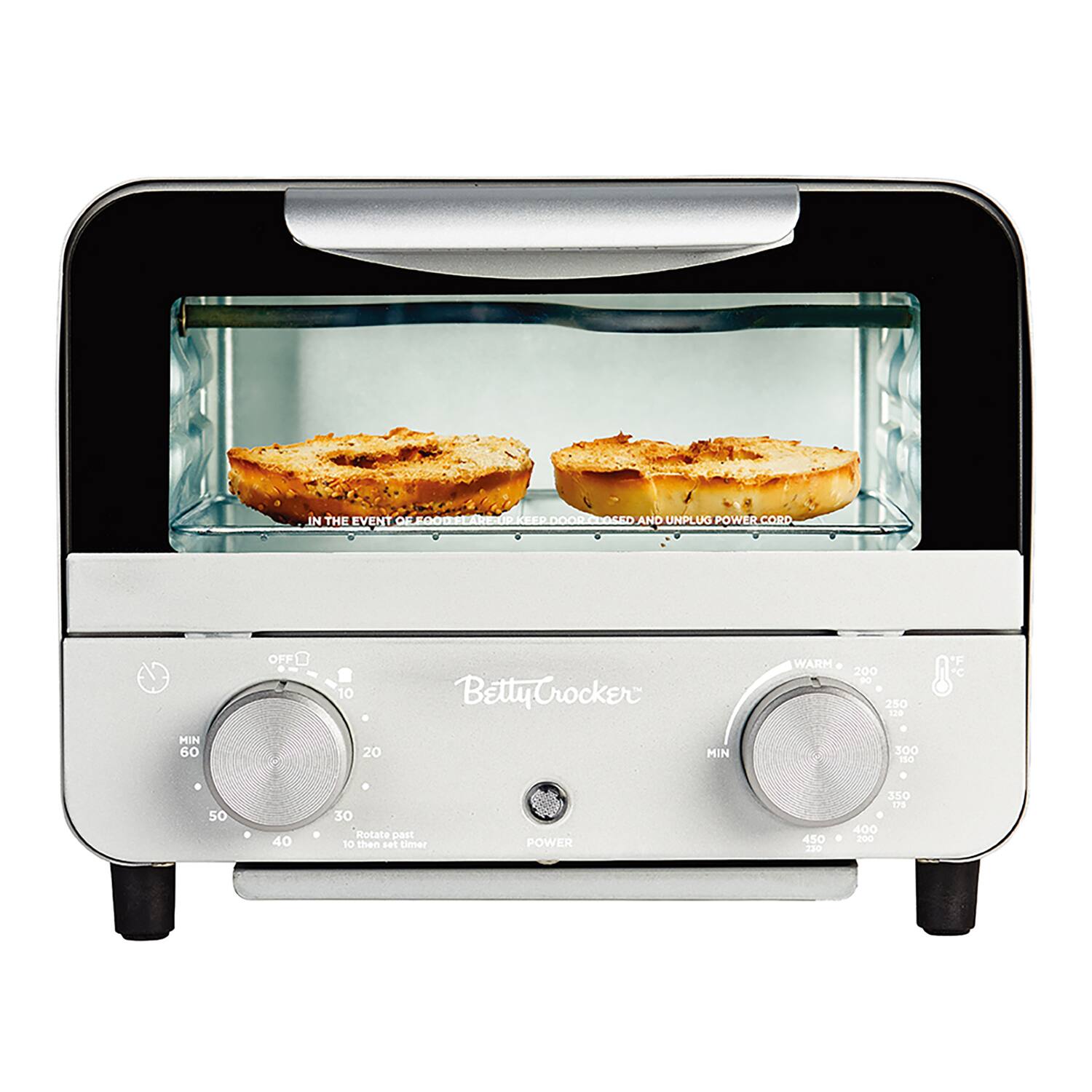 IN THE EVENT OF FOODS BEING LEFT IN THE TOASTER OVEN, KEEP DOOR CLOSED AND UNPLUG POWER CORD.