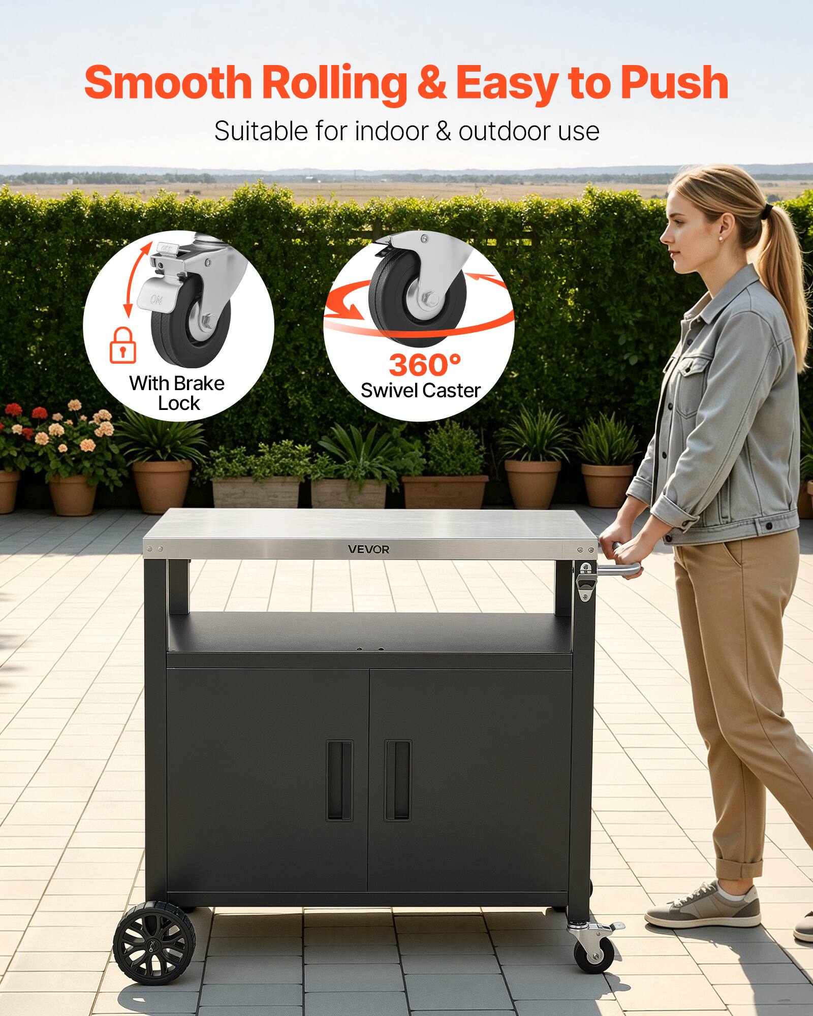 Smooth Rolling & Easy to Push  
Suitable for indoor & outdoor use  
With Brake Lock  
360° Swivel Caster  
VEVOR