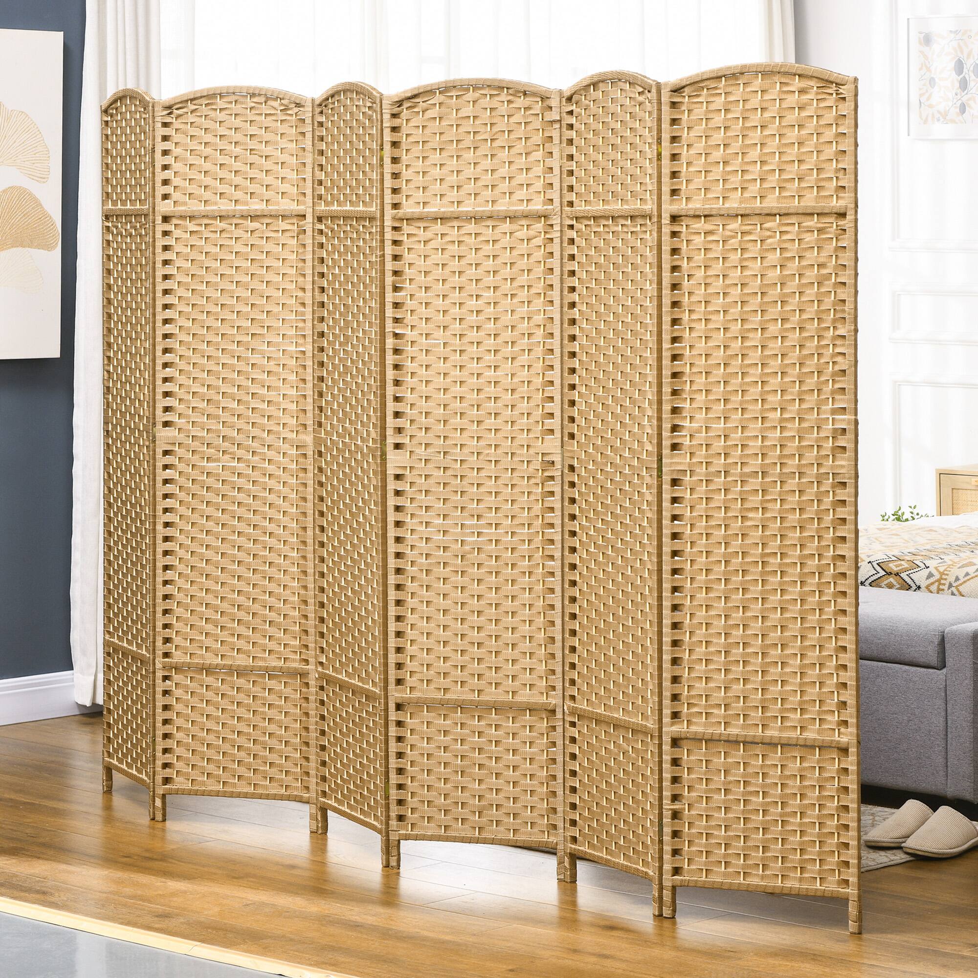 Back. MOOSOO - 6 Panel Room Divider, Folding Privacy Screen, 5.6' Room Separator, Wave Fiber Freestanding Partition Wall Divider - Natural.