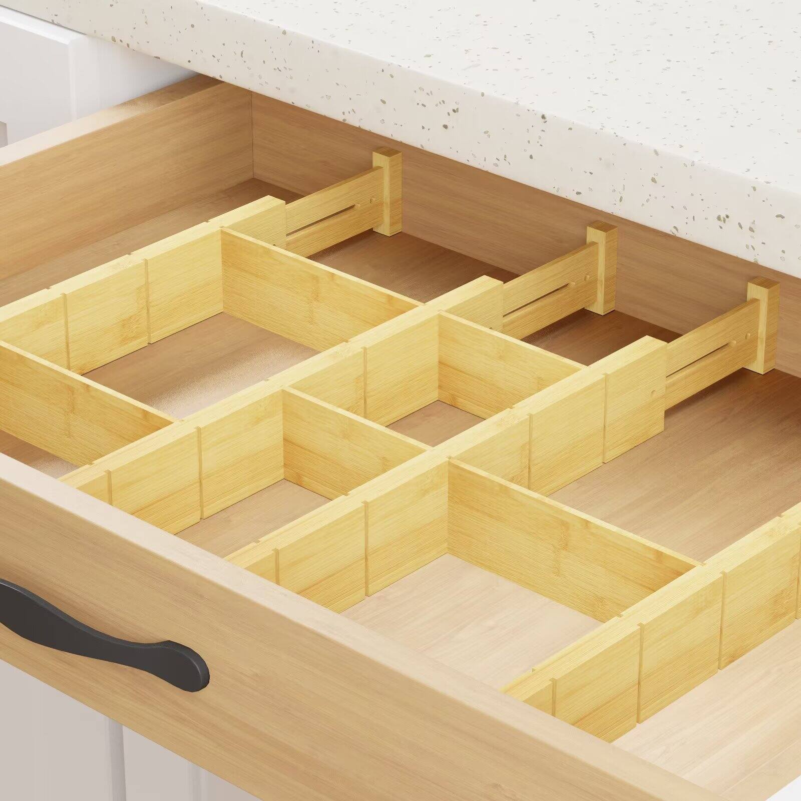 Alt View 2. Tooloton - 4 Pack Bamboo Drawer Dividers Set with Adjustable Organizers, 9 Inserts and Labels (17-22 Inch, Natural) - Natural.