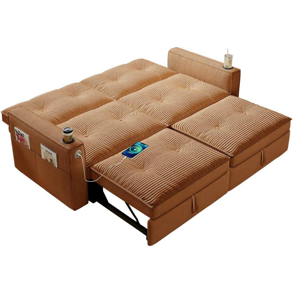 Alt View 1. Resenkos - 2-in-1 Multi-Functional Sofa Bed for Sitting & Sleeping, Modern Corduroy Fabric Sofa for Living Room, Orange - Orange.