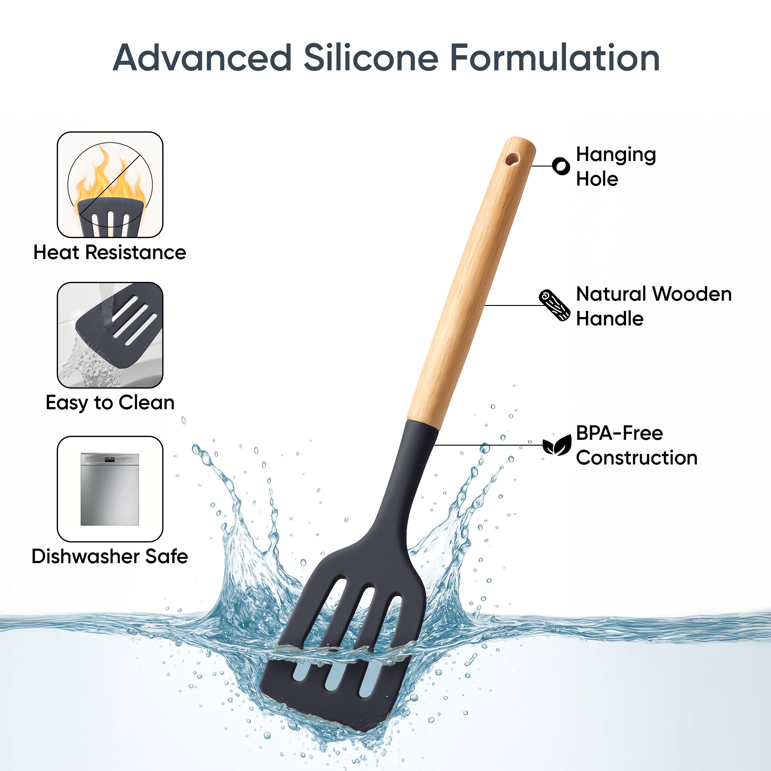 Advanced Silicone Formulation  
- Hanging Hole  
- Heat Resistance  
- Natural Wooden Handle  
- Easy to Clean  
- BPA-Free Construction  
- Dishwasher Safe