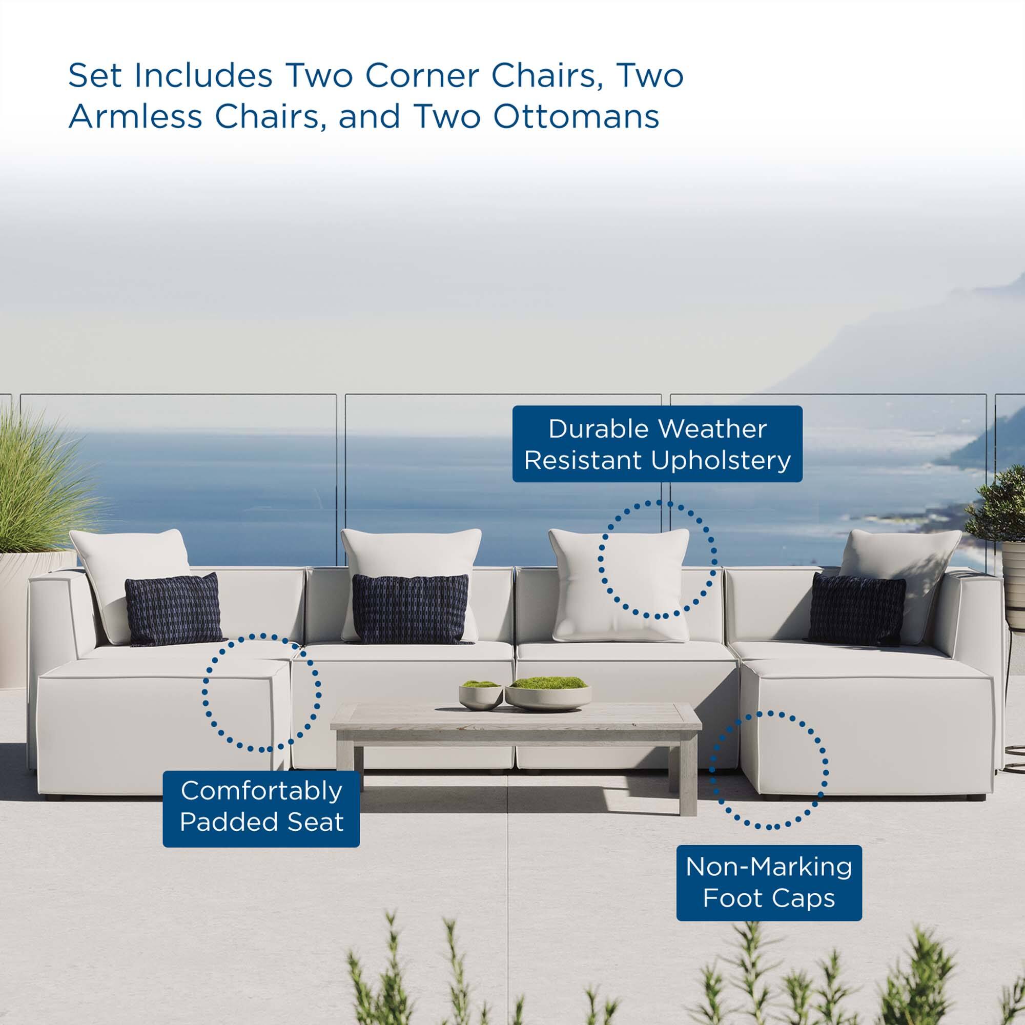 Set Includes Two Corner Chairs, Two Armless Chairs, and Two Ottomans

- Durable Weather Resistant Upholstery
- Comfortably Padded Seat
- Non-Marking Foot Caps