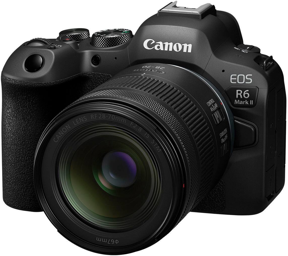 Canon EOS R6 camera with a 28-70mm SC Galy RF lens attached. The lens has a f/2.8 aperture and features Canon's STM technology. The camera is designed for use with the EOS R6 mirrorless system.
