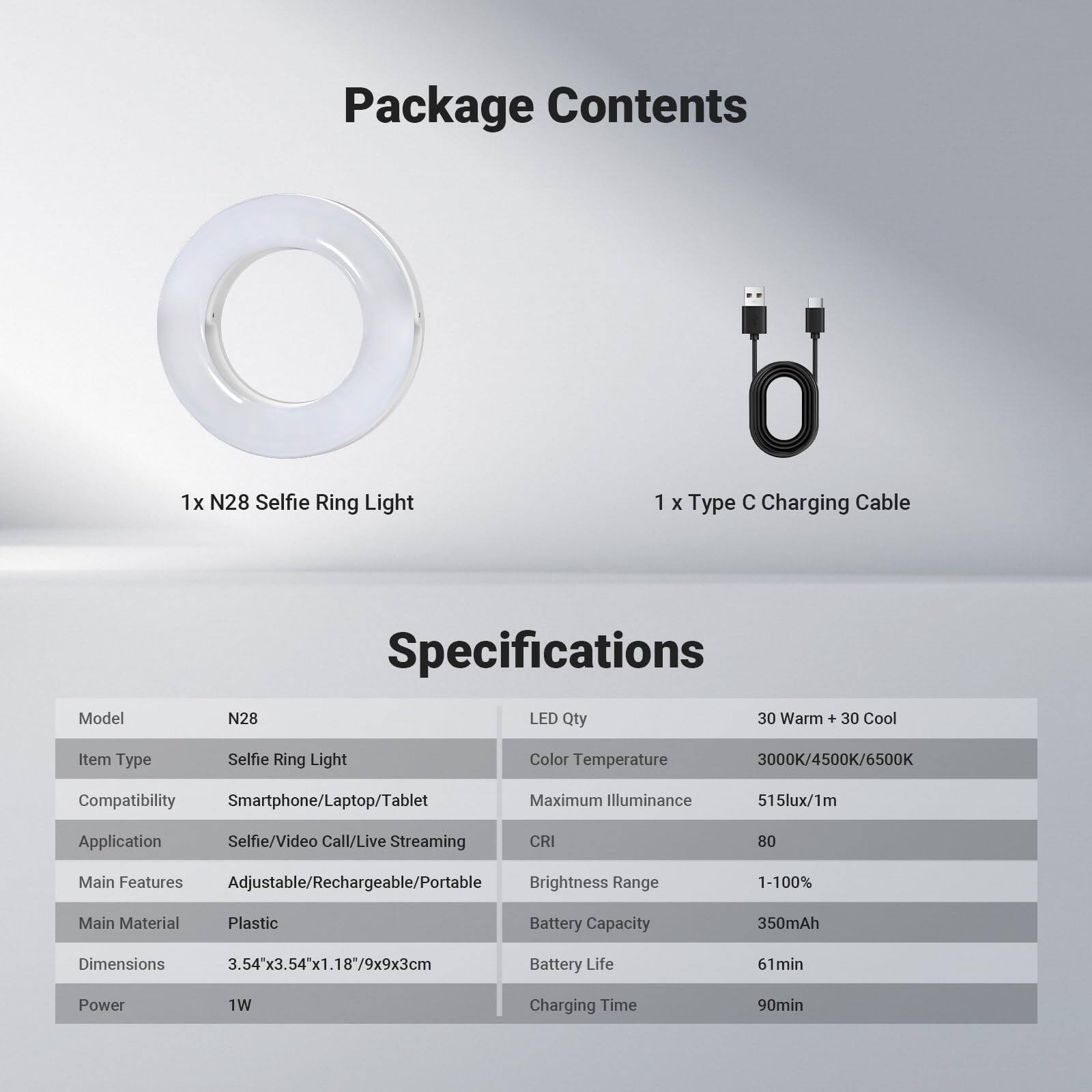 Package Contents  
1x N28 Selfie Ring Light  
1 x Type C Charging Cable  

Specifications  
Model: N28  
LED Qty: 30 Warm + 30 Cool  
Item Type: Selfie Ring Light  
Color Temperature: 3000K/4500K/6500K  
Compatibility: Smartphone/Laptop/Tablet  
Maximum Illuminance: 515lux/1m  
Application: Selfie/Video Call/Live Streaming  
CRI: 80  
Main Features: Adjustable/Rechargeable/Portable  
Brightness Range: 1-100%  
Main Material: Plastic  
Battery Capacity: 350mAh  
Dimensions: 3.54"x3.54"x1.18"/9x9x3cm  
Battery Life: 61min  
Power: 1W  
Charging Time: 90min
