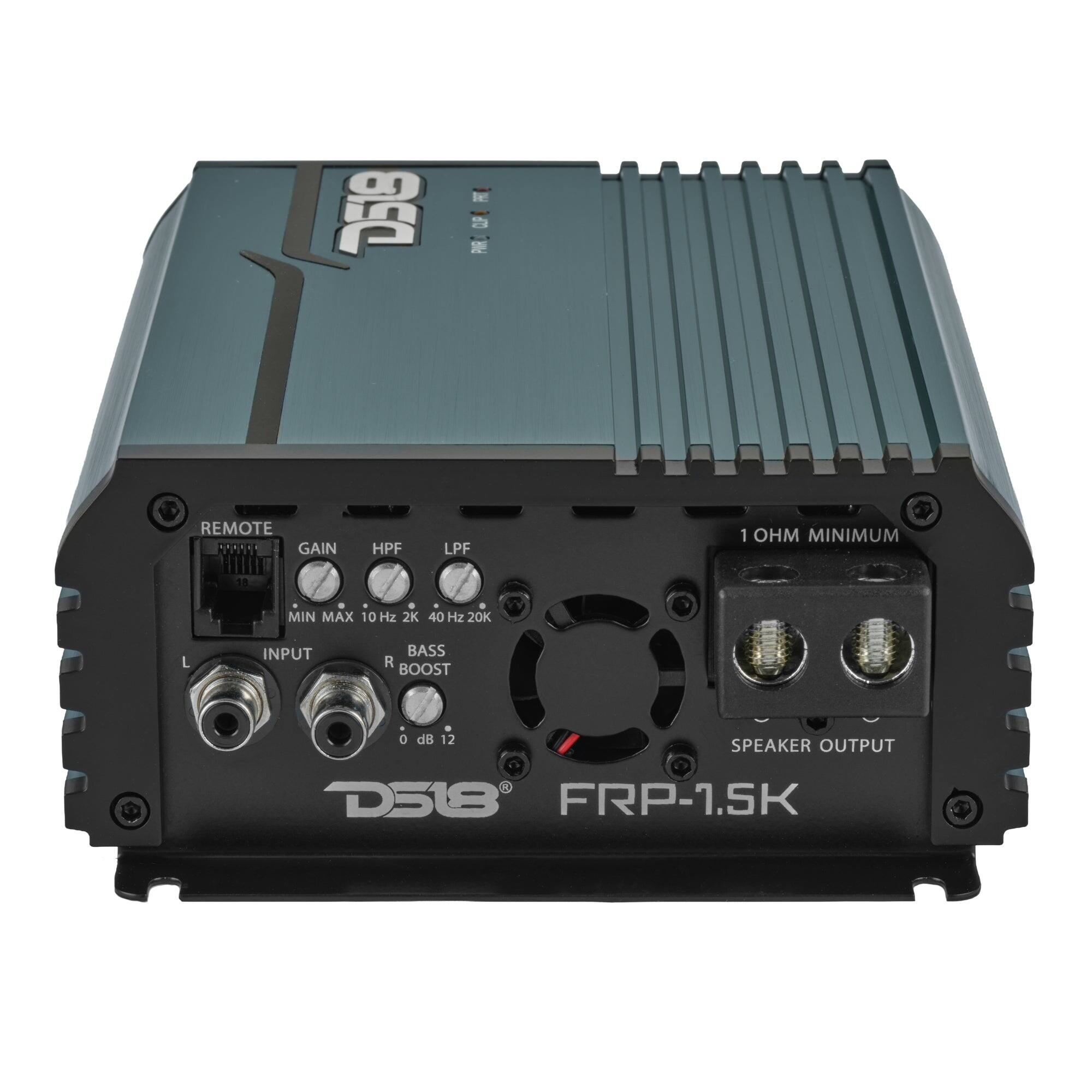 D518  
CLIP PAR  
REMOTE GAIN  
HPF  
LPF  
1 OHM MINIMUM  
MIN MAX 10 Hz 2K 40 Hz 20K  
L  
INPUT  
BASS R BOOST  
0 dB 12  
SPEAKER OUTPUT  
R D518 FRP-1.5K