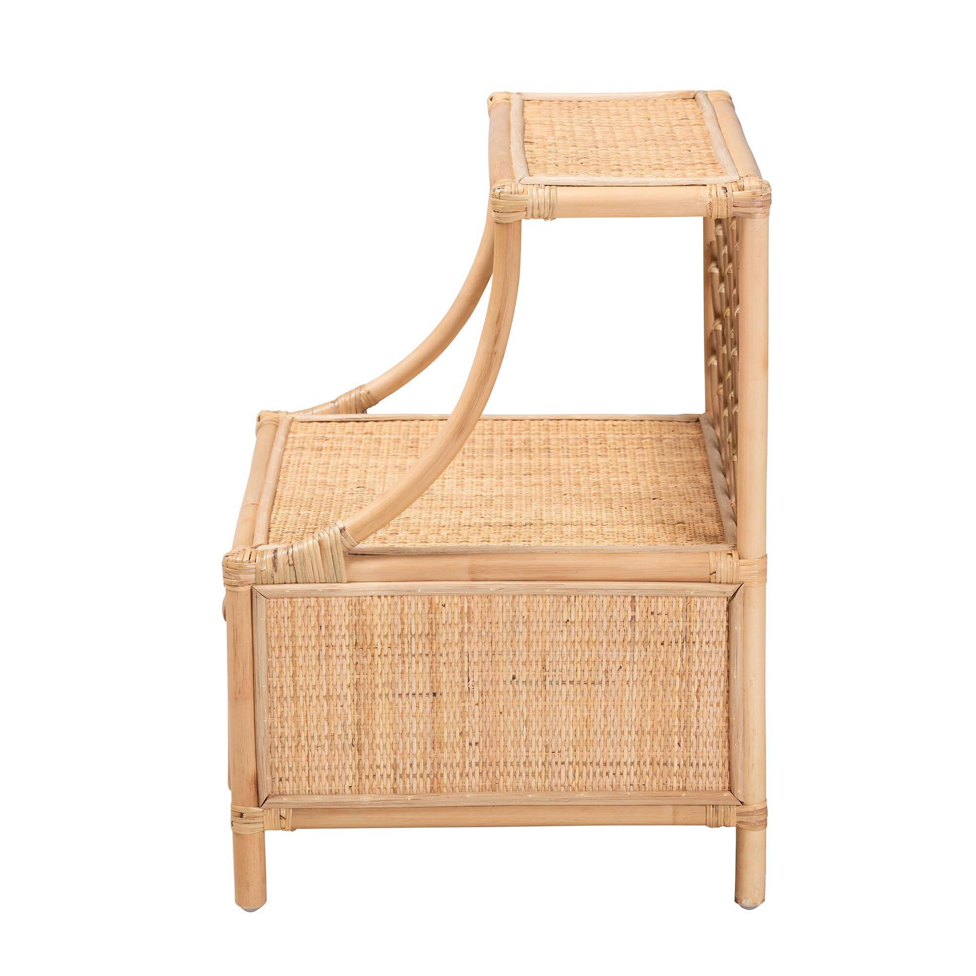 Back. bali & pari - Lalo Modern Bohemian Rattan 1-Drawer Nightstand - Natural Brown.