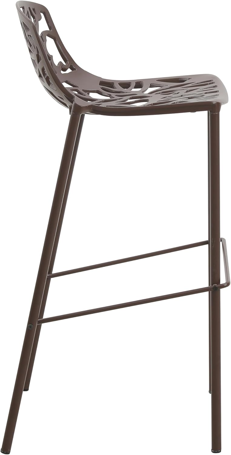 Back. LeisureMod - Devon 31" Aluminum Bar Stool - Modern Floral Cutout Indoor/Outdoor Patio Stool with Footrest - Brown.