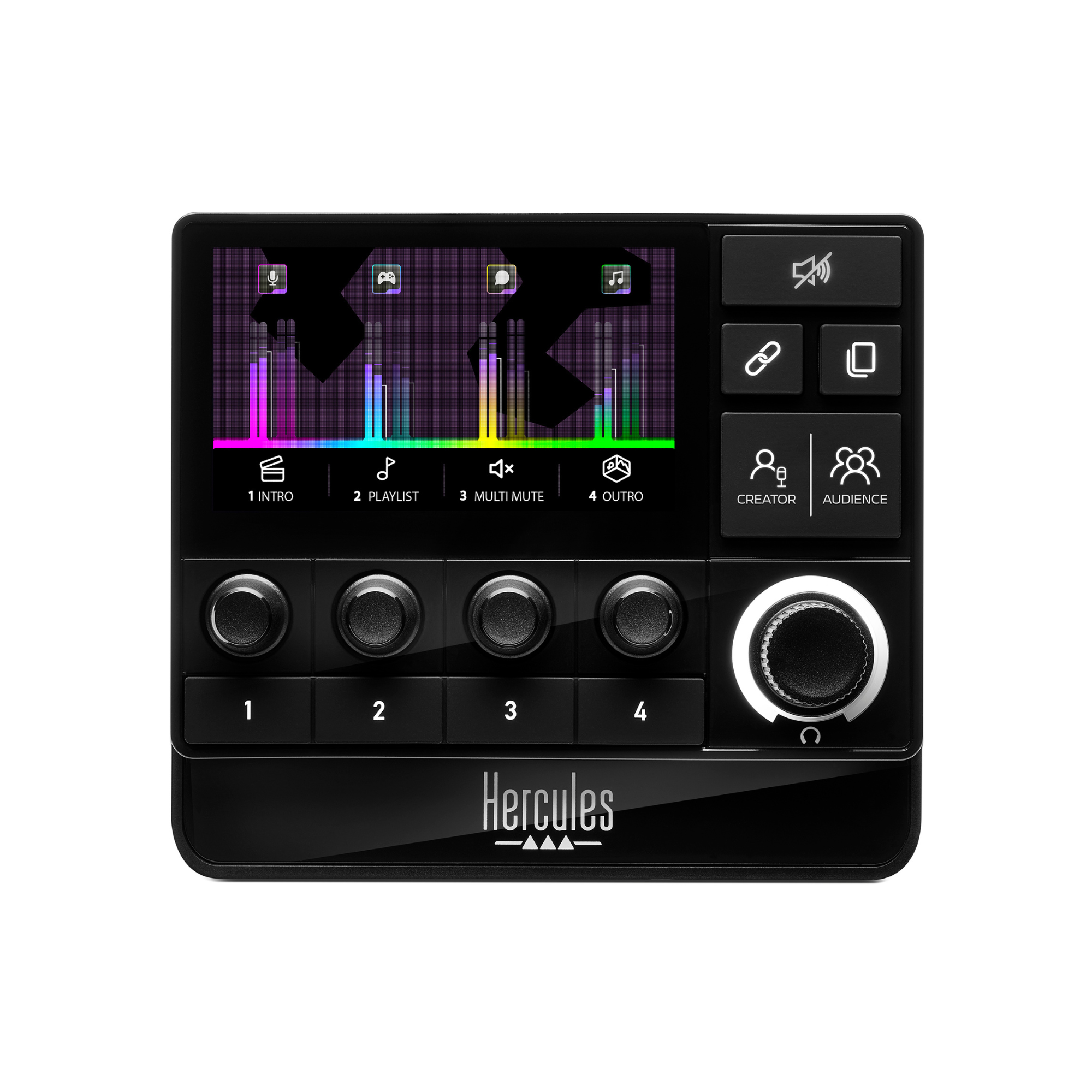Hercules is a device that has a number of buttons, including a playlist button, a mute button, and an intro button. It also has a display screen that shows the current settings and options. The device is likely used for audio or music purposes, as it has a mixer-like appearance.