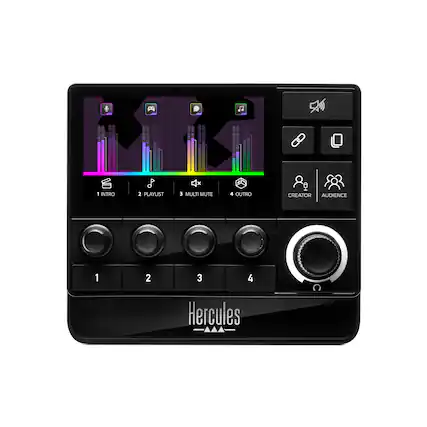 Hercules is a device that has a number of buttons, including a playlist button, a mute button, and an intro button. It also has a display screen that shows the current settings and options. The device is likely used for audio or music purposes, as it has a mixer-like appearance.