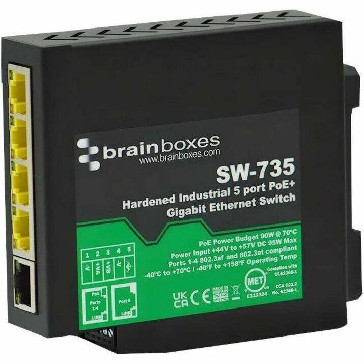 brain boxes  
www.brainboxes.com  
SW-735  
Hardened Industrial 5 port PoE+ Gigabit Ethernet Switch  

PoE Power Budget 90W @ 70°C  
Power Input +44V to +57V DC 95W Max  
Ports 1-4: 802.3af and 802.3at compliant  
Port 5: 802.3af compliant  
Operating Temp: -40°C to +70°C  
Operating Temp: -40°F to +158°F  

UL02366-1  
MET C22.2 No. 02366-1  
CSA  
MADE IN UK  
E112324