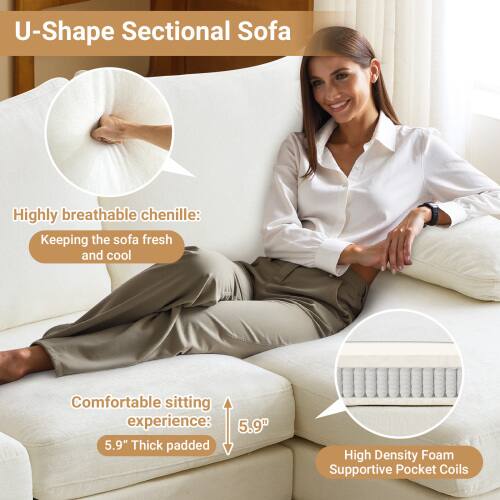 U-Shape Sectional Sofa

- Highly breathable chenille: Keeping the sofa fresh and cool
- Comfortable sitting experience: 5.9" Thick padded
- High Density Foam Supportive Pocket Coils