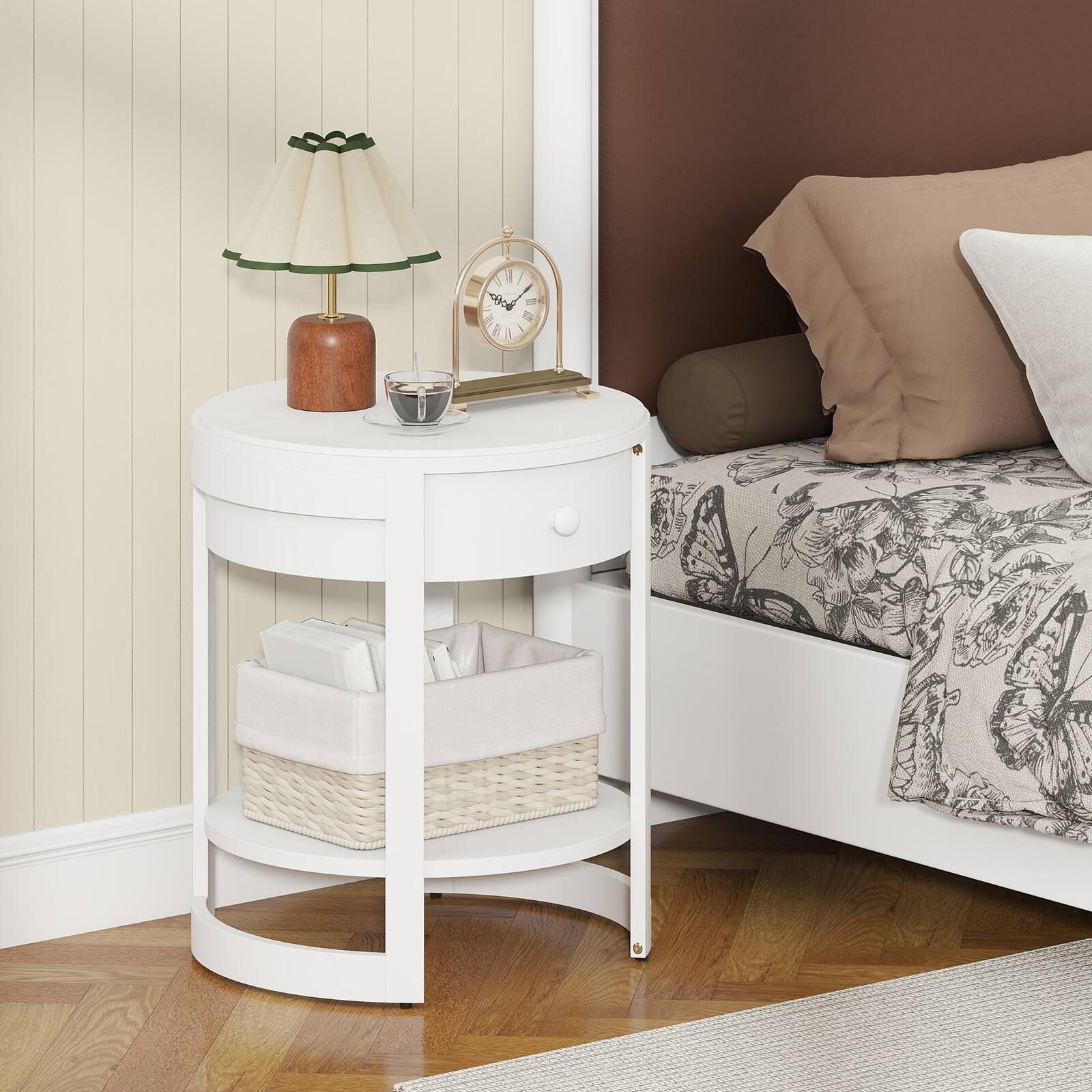 Alt View 1. Costway - Costway 2-Tier Nightstand w/ Shelf & Wood Grains Drawer Round End Table for Living Room - White.