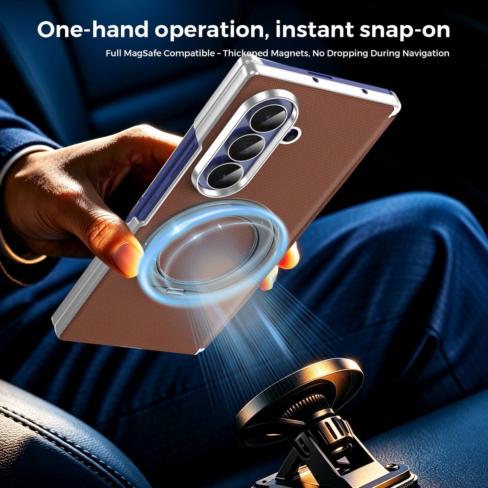 One-hand operation, instant snap-on  
Full MagSafe Compatible - Thickened Magnets, No Dropping During Navigation
