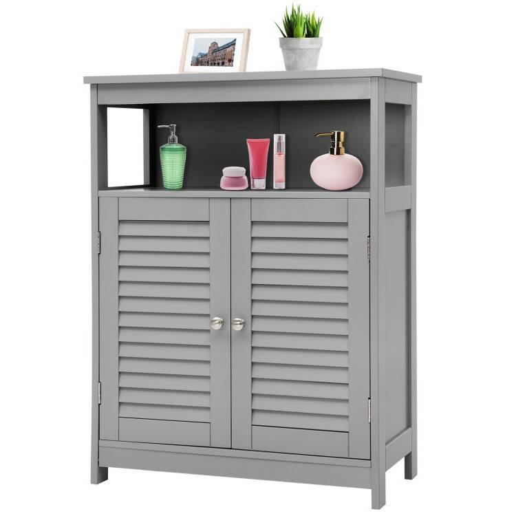 Angle. Hivvago - Grey Farmhouse Bathroom Linen Cabinet with Louvered Doors and Open Shelf - Grey.