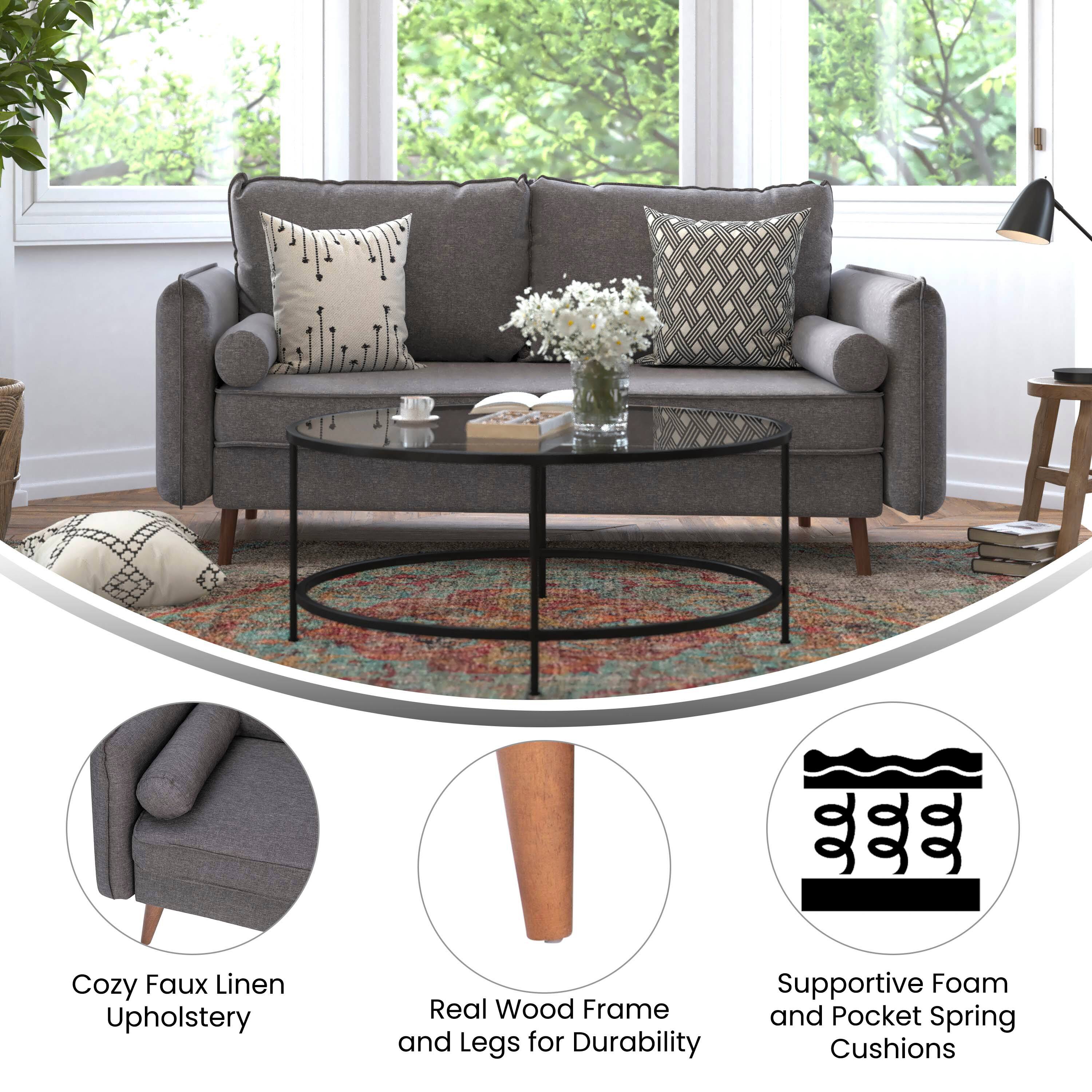 Cozy Faux Linen Upholstery  
Supportive Foam and Pocket Spring Cushions  
Real Wood Frame and Legs for Durability
