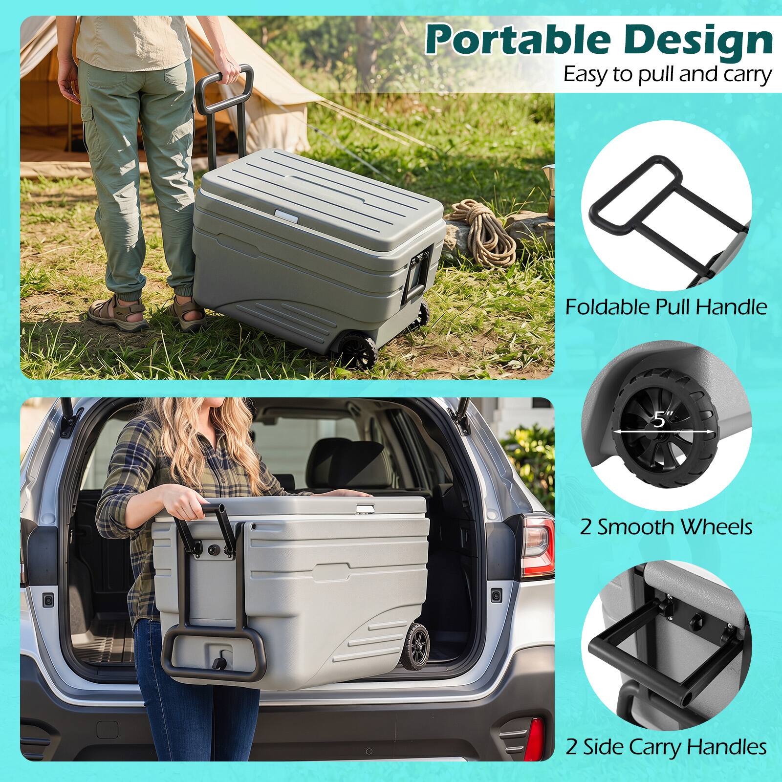 Portable Design  
Easy to pull and carry  
Foldable Pull Handle  
5" 2 Smooth Wheels  
2 Side Carry Handles