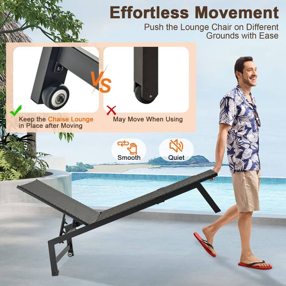 Effortless Movement  
Push the Lounge Chair on Different Grounds with Ease  

VS  

Keep the Chaise Lounge in Place after Moving  
May Move When Using  

Smooth  
Quiet