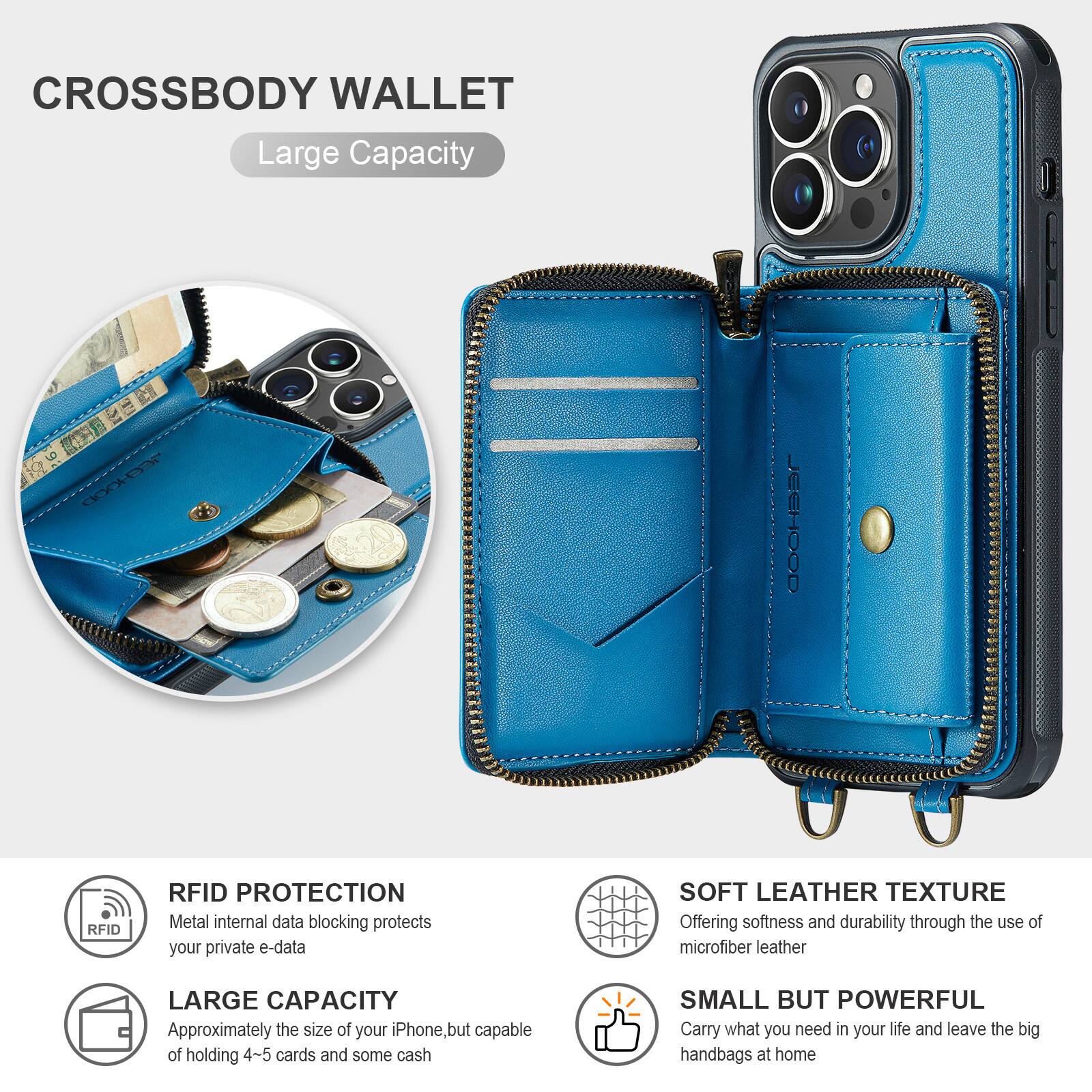 CROSSBODY WALLET  
Large Capacity

RFID PROTECTION  
Metal internal data blocking protects your private e-data

LARGE CAPACITY  
Approximately the size of your iPhone, but capable of holding 4-5 cards and some cash

SOFT LEATHER TEXTURE  
Offering softness and durability through the use of microfiber leather

SMALL BUT POWERFUL  
Carry what you need in your life and leave the big handbags at home