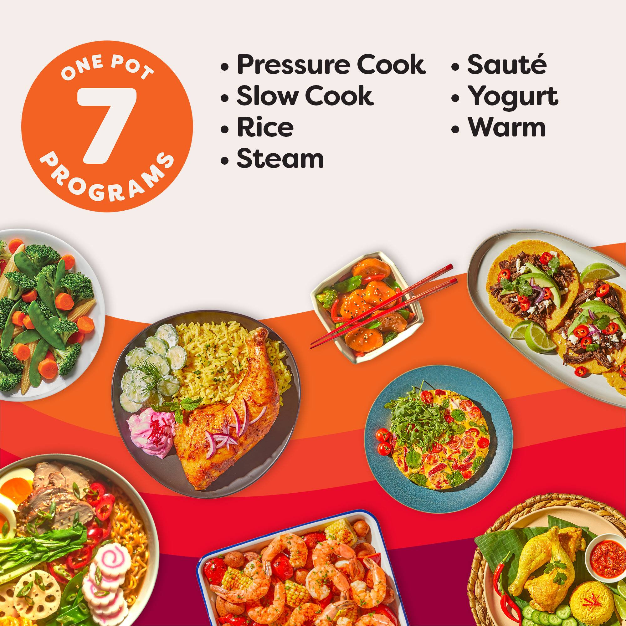 ONE POT  
7 PROGRAMS

- Pressure Cook
- Slow Cook
- Rice
- Steam
- Sauté
- Yogurt
- Warm