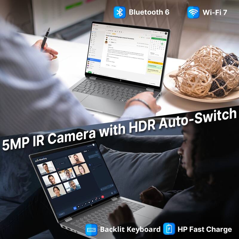 Bluetooth 6 Wi-Fi 7

5MP IR Camera with HDR Auto-Switch

Backlit Keyboard

HP Fast Charge