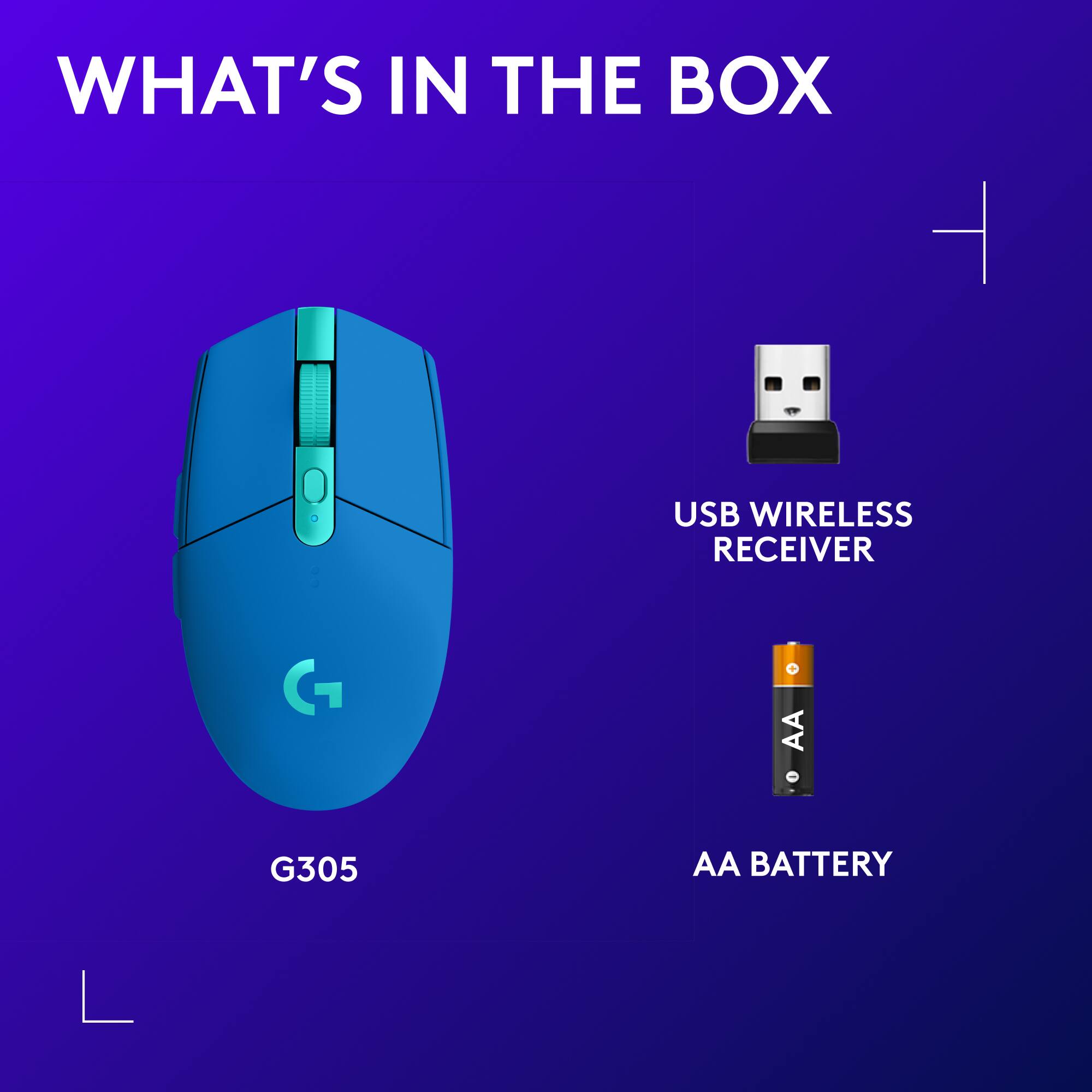 What's in the box - USB wireless receiver, G305, AA battery.