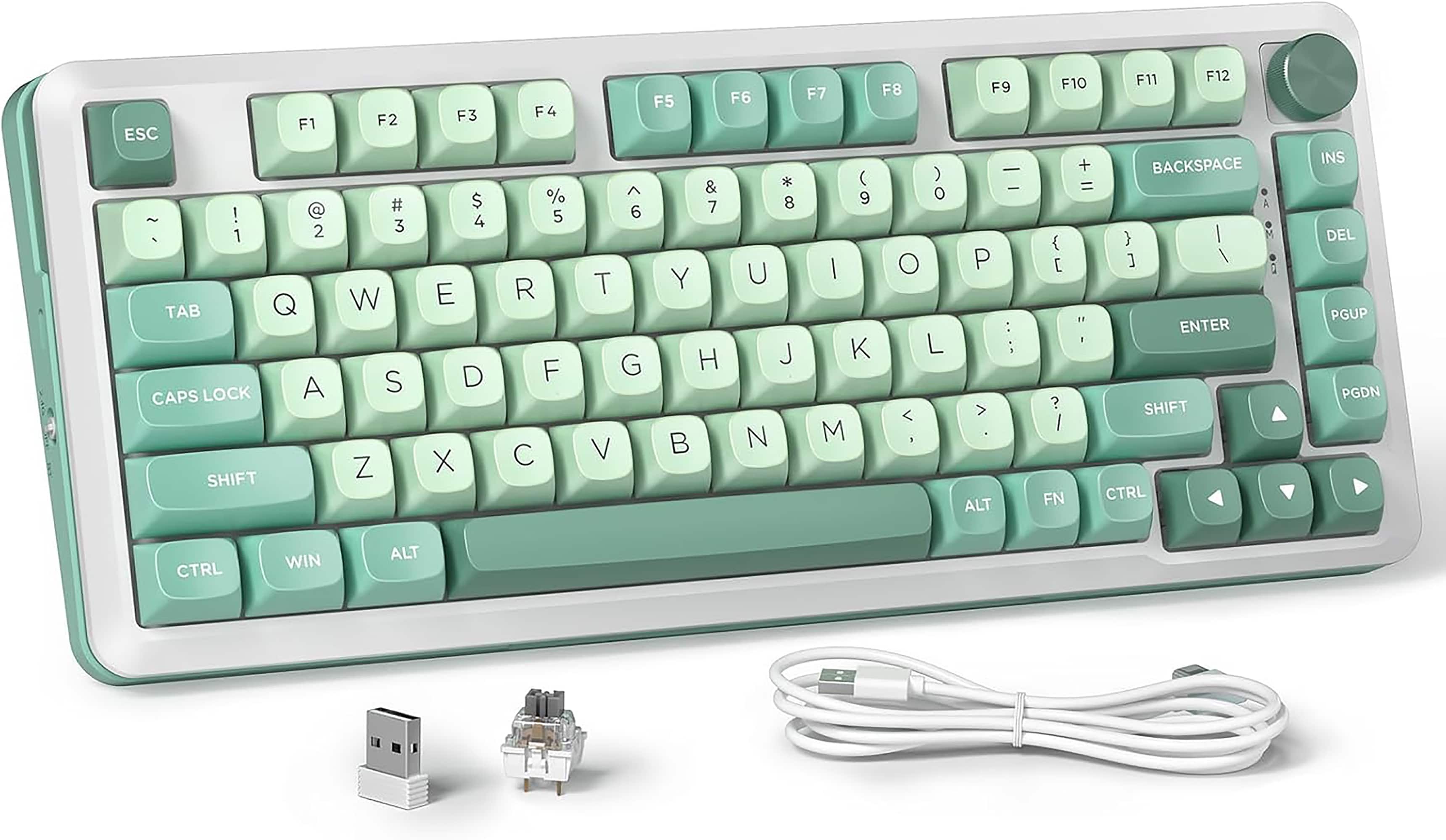 The image shows a white and green keyboard with the letters A through Z and the numbers 1 through 9. The keyboard also has a USB plug and a cord attached to it.