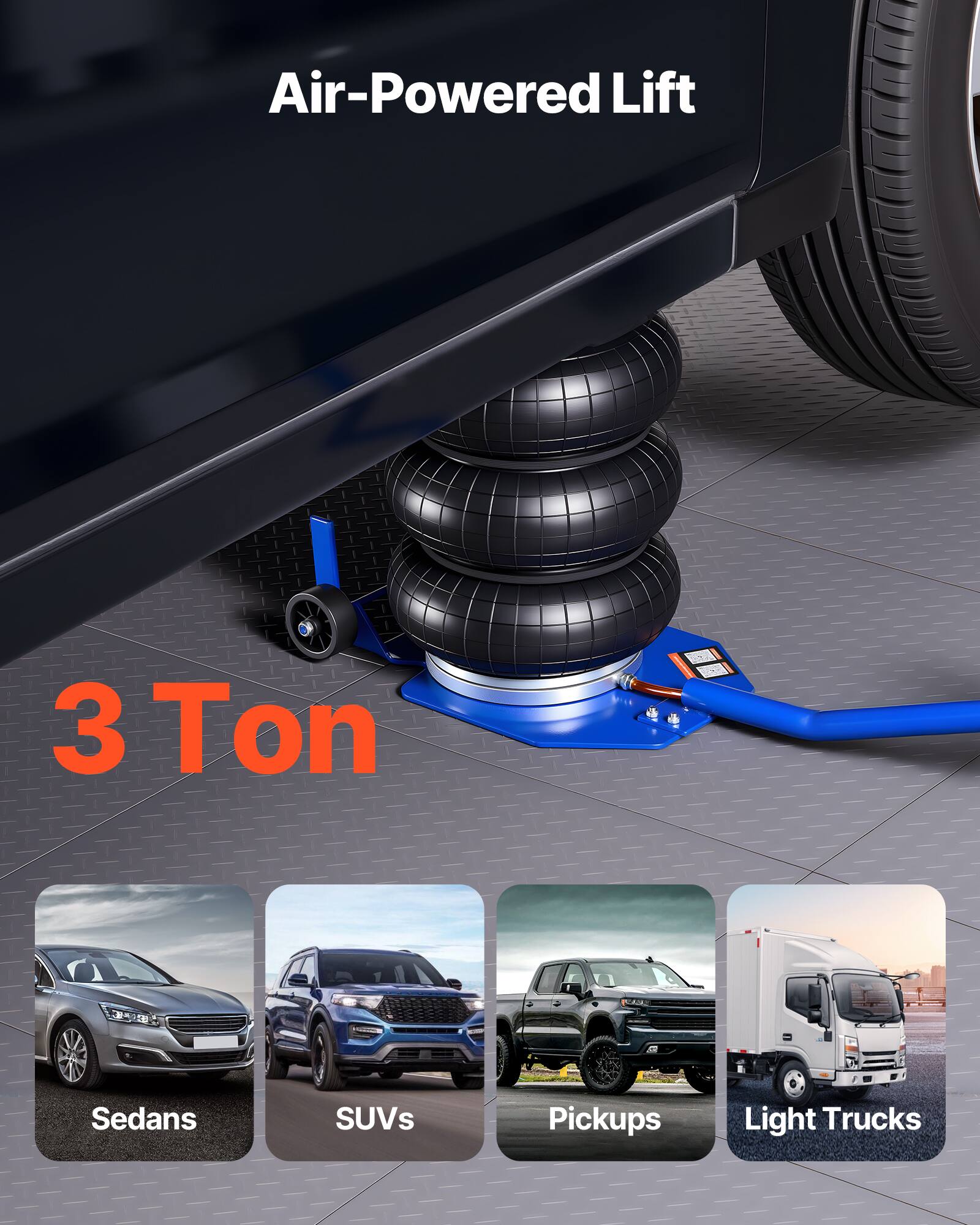 Air-Powered Lift  
3 Ton  
Sedans  
SUVs  
Pickups  
Light Trucks