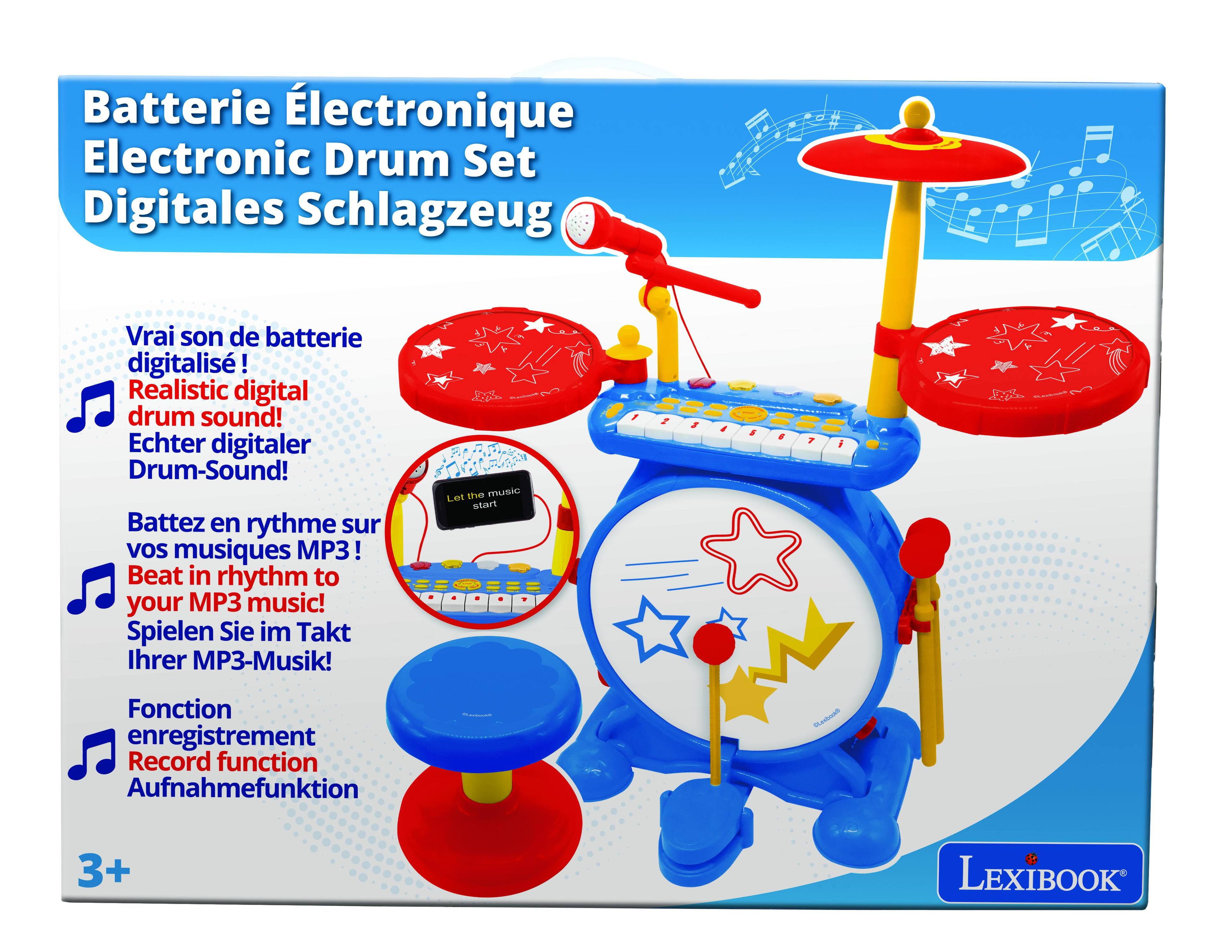 Batterie Électronique  
Electronic Drum Set  
Digitales Schlagzeug  

Vrai son de batterie digitalisé!  
Realistic digital drum sound!  
Echter digitaler Drum-Sound!  

Battez en rythme sur vos musiques MP3!  
Beat in rhythm to your MP3 music!  
Spielen Sie im Takt Ihrer MP3-Musik!  

Fonction enregistrement  
Record function  
Aufnahmefunktion  

3+  
LEXIBOOK