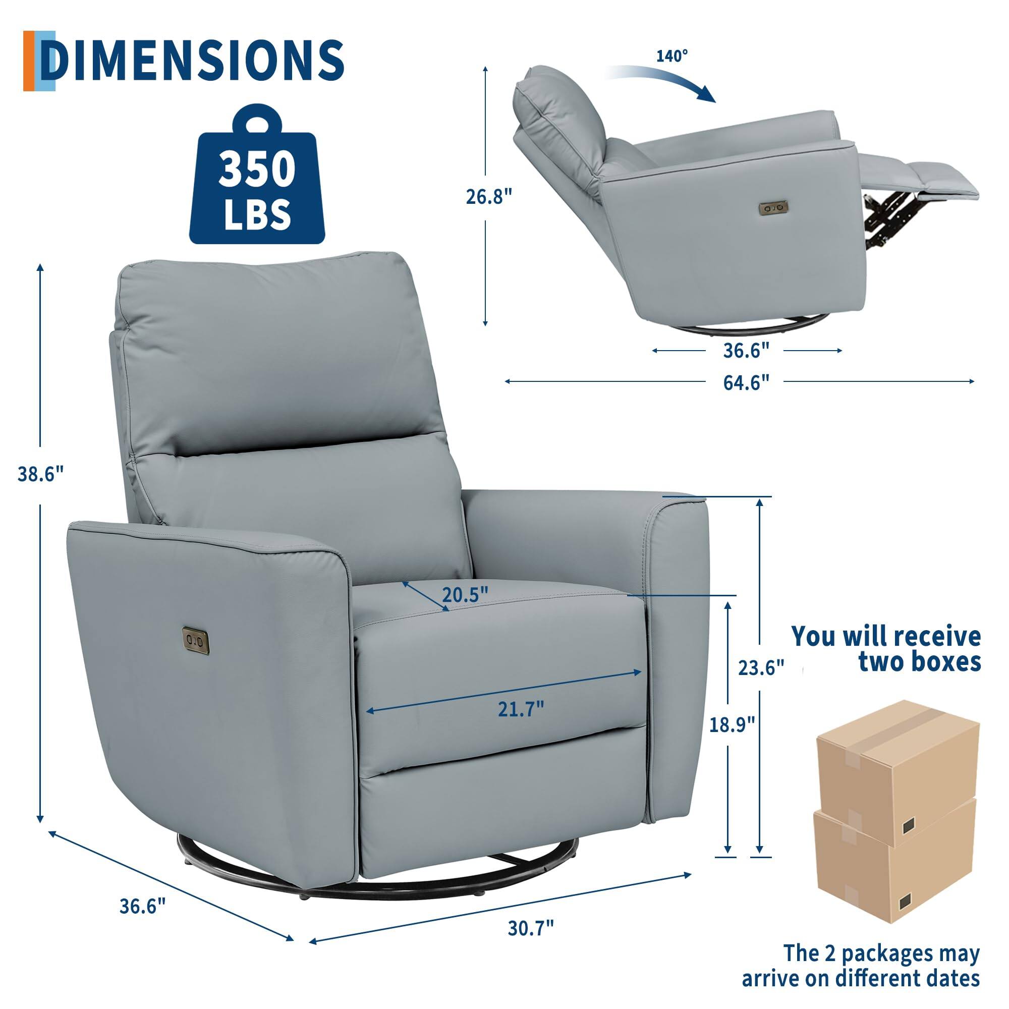 DIMENSIONS  
350 LBS  

- Height: 38.6"  
- Width: 64.6"  
- Depth: 36.6"  
- Seat Height: 26.8"  
- Seat Depth: 20.5"  
- Armrest Height: 23.6"  
- Armrest Width: 21.7"  
- Base Width: 30.7"  
- Base Depth: 18.9"  
- Recline Angle: 140°  

You will receive two boxes.  
The 2 packages may arrive on different dates.