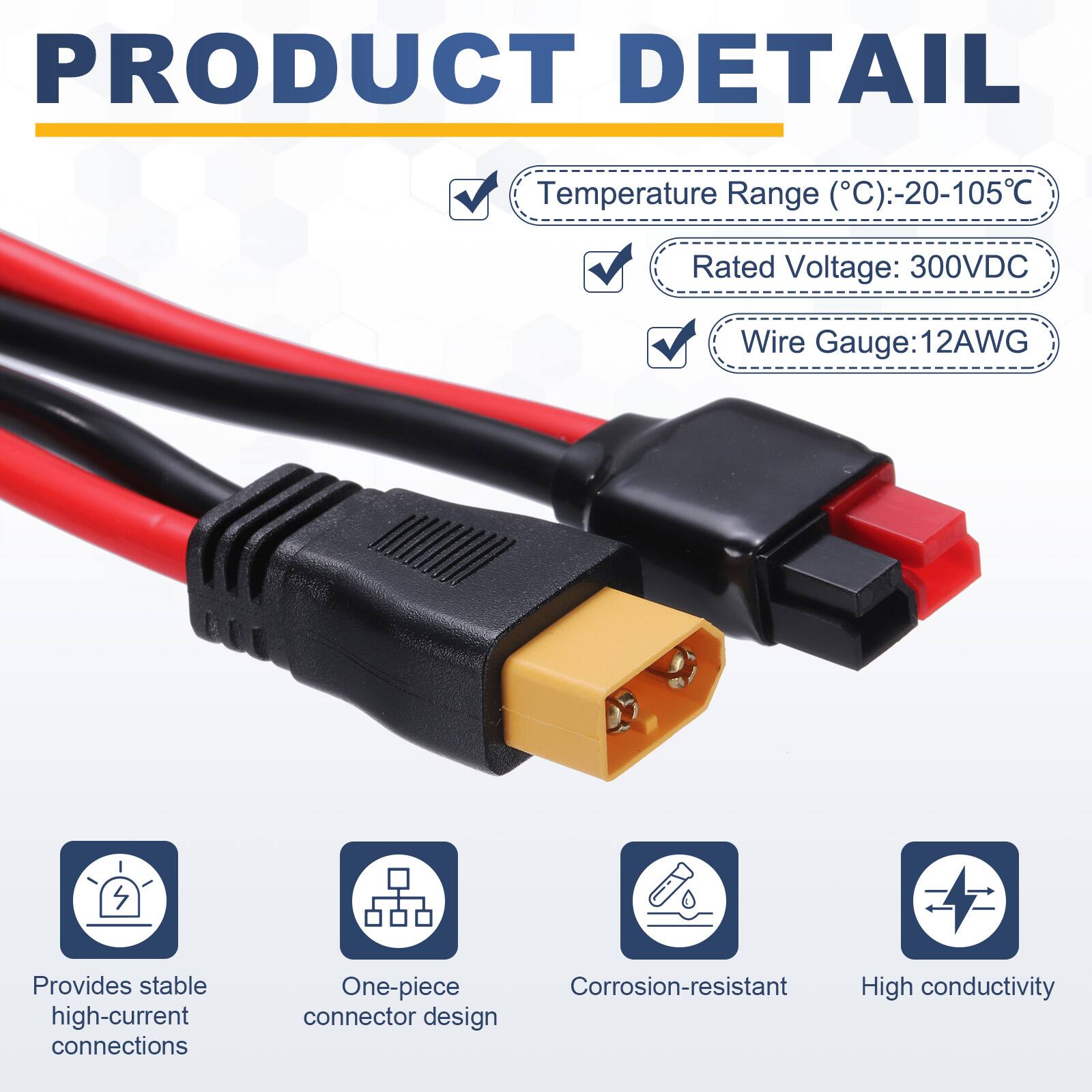 PRODUCT DETAIL

Temperature Range (°C): -20-105°C  
Rated Voltage: 300VDC  
Wire Gauge: 12AWG  

Provides stable high-current connections  
One-piece Corrosion-resistant High conductivity connector design