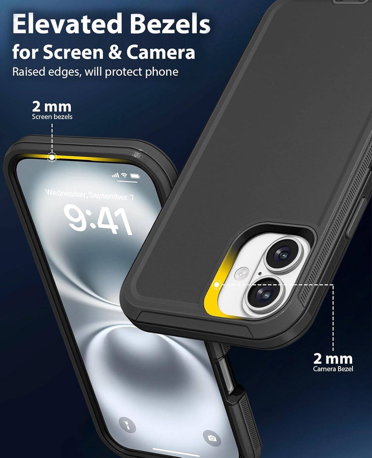 Elevated Bezels for Screen & Camera  
Raised edges, will protect phone  

2 mm  
Screen bezels  

2 mm  
Camera Bezel  

Wednesday, September 7  
9:41