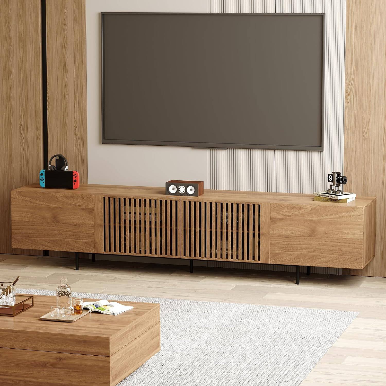 Back. luck idea - 94.48" Mid-Century Modern TV Stand for 80"+ TVs, Walnut Wood Media Console, Entertainment Center with Ample Storage for - BROWN.