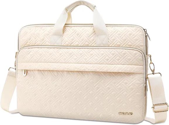 Front. mosiso - 15-15.6 inch Laptop Bag for Women&Men, Double Line Rhombus Quilted Laptop Messenger Bag with 2 Front Pockets - Beige.