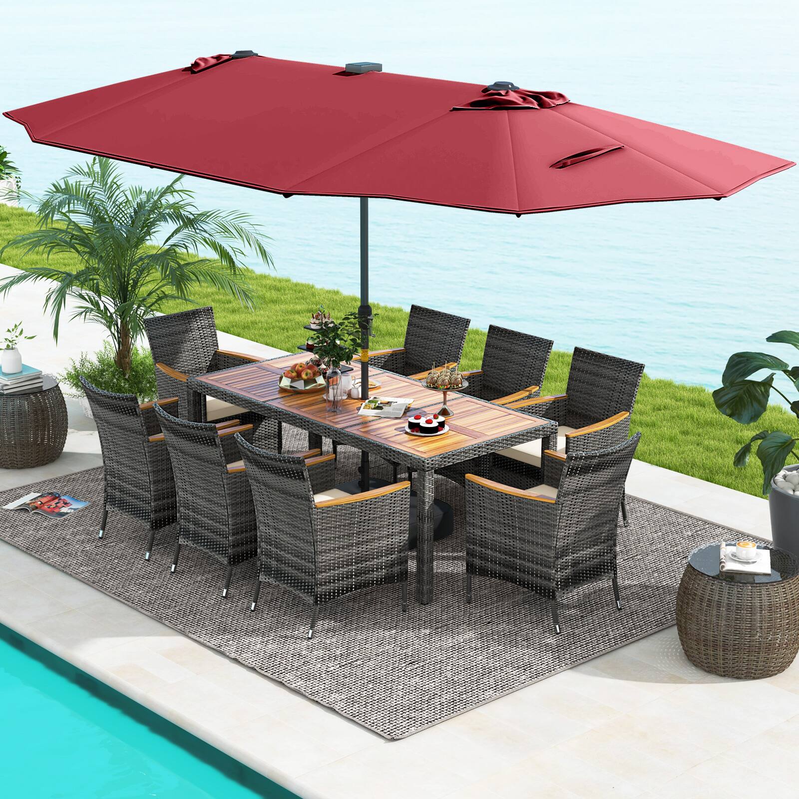 Alt View 3. Costway - 11 PCS Patio Dining Set with 15 ft Double-Sided Patio Umbrella 8 Armchairs - Mix Gray,Beige,Wine.