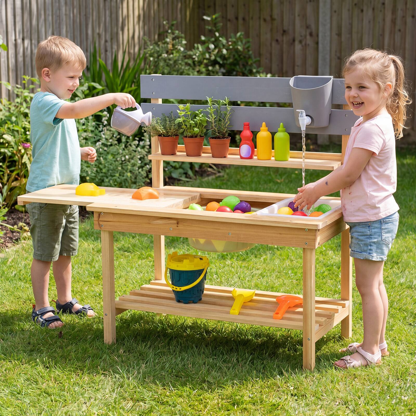 Alt View 1. Costway - Costway Outdoor Mud Kitchen for Kids, Wooden Kitchen Playset with Extended Tabletop - Natural.
