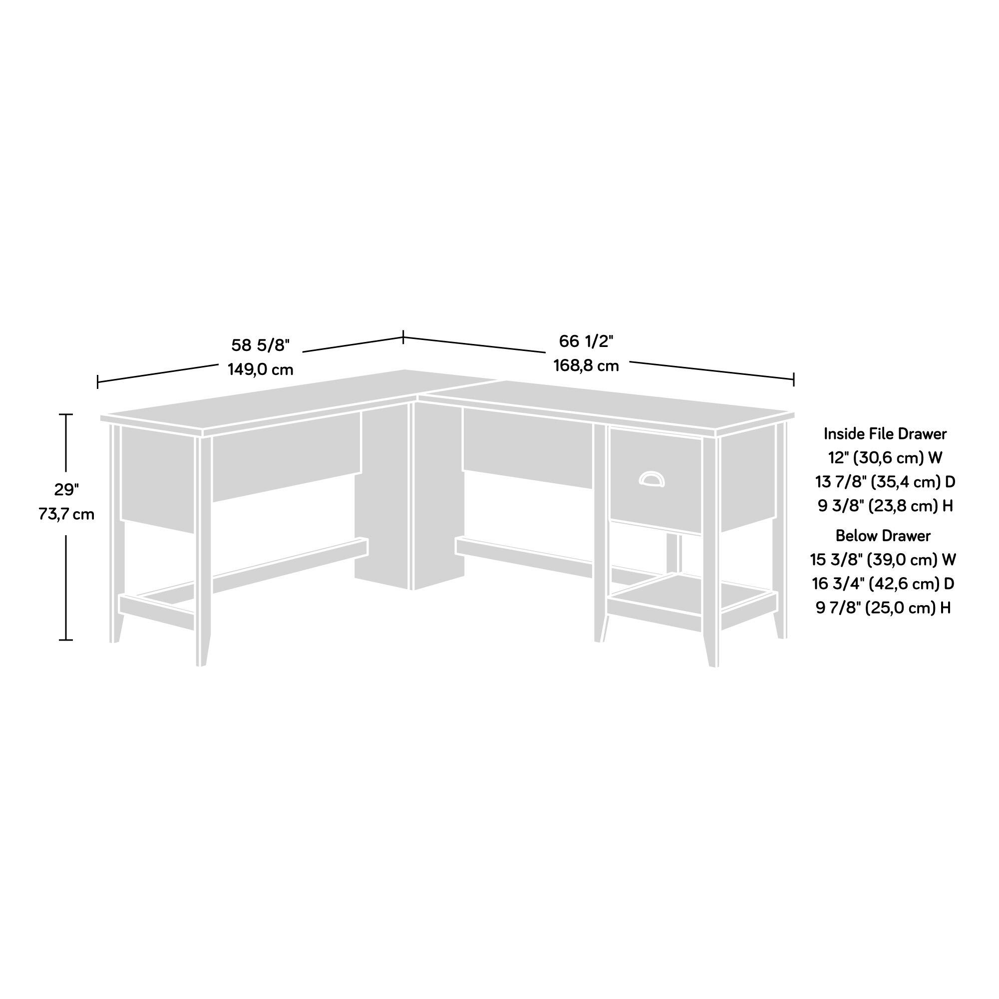 - Width: 58 5/8" (149,0 cm)
- Depth: 66 1/2" (168,8 cm)
- Height: 73,7 cm
- Inside File Drawer:
  - Width: 12" (30,6 cm)
  - Depth: 13 7/8" (35,4 cm)
  - Height: 9 3/8" (23,8 cm)
- Below Drawer:
  - Width: 15 3/8" (39,0 cm)
  - Depth: 16 3/4" (42,6 cm)
  - Height: 9 7/8" (25,0 cm)