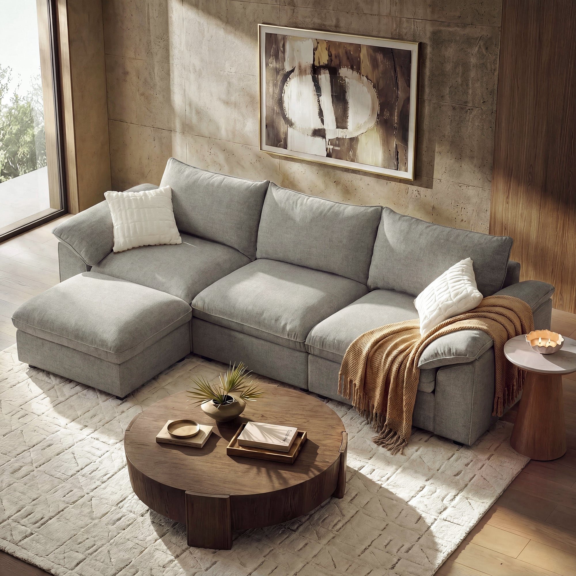 ModernMate - 114.1" W 3-Seat Chenille Cloud Down-Blend Modular L-shape Sectional with Storage Ottoman for Living Room - Gray L-Shaped