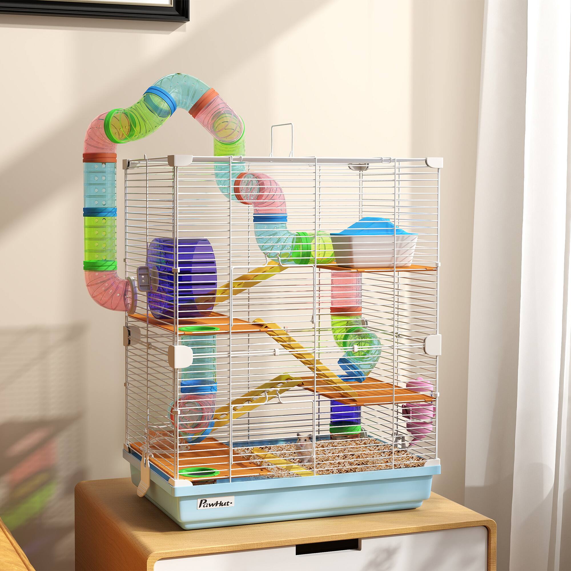 Angle. Pawhut - 18" 5 Tier Hamster Cage with Tubes, Tunnels, Portable Carry Handle, Water Bottle, Food Dish, Exercise Wheel.