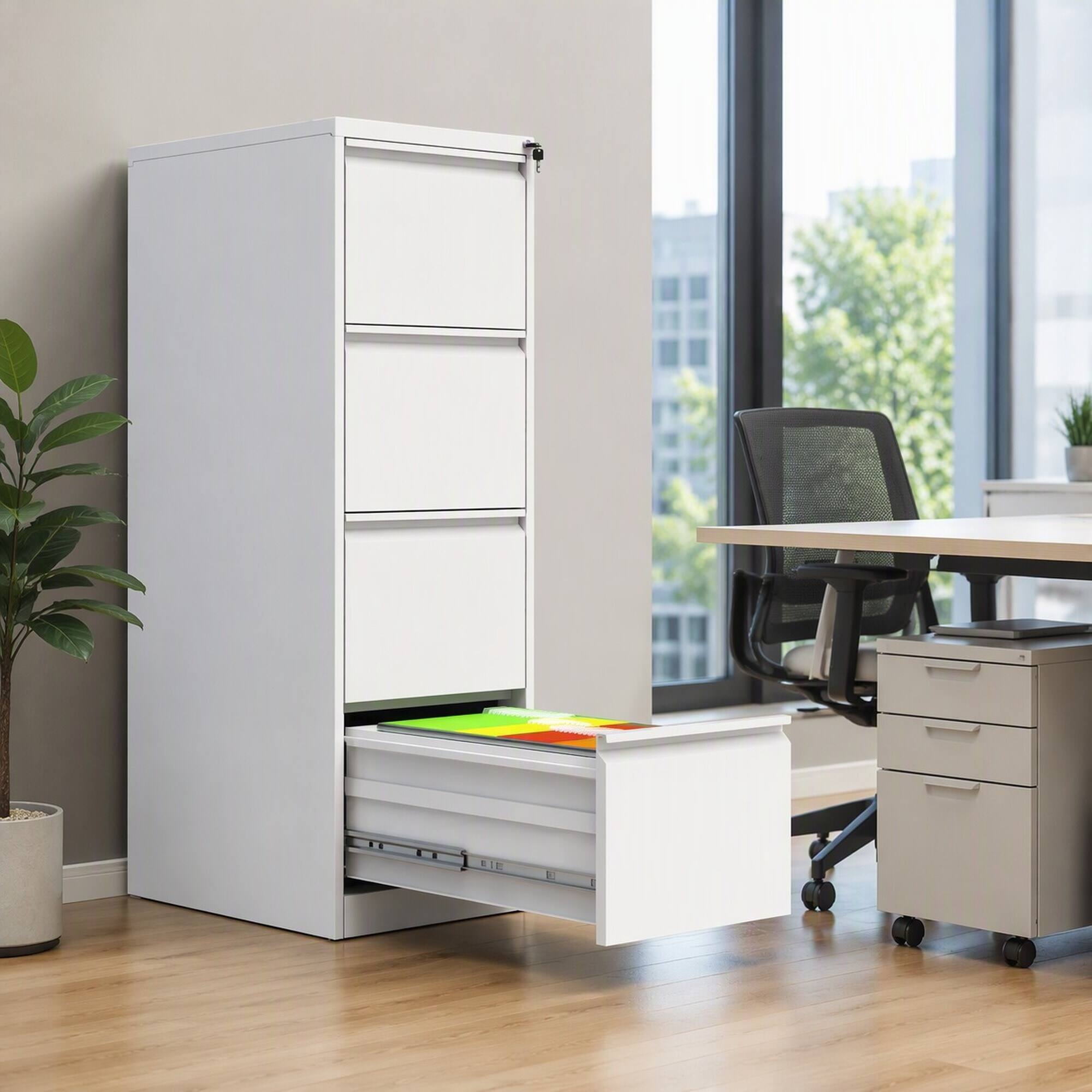 Angle. RYHNUYNE - Narrow Metal Vertical File Cabinet with Lock 4 Drawer Fits A4 Legal and Letter Size for Home Office.
