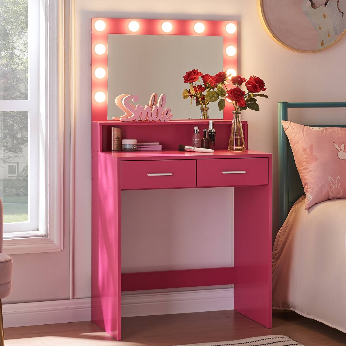 Back. Loheer - Loheer Vanity Desk with Mirror and Lights, Rose Pink, Three Lighting Modes - Rose Pink.