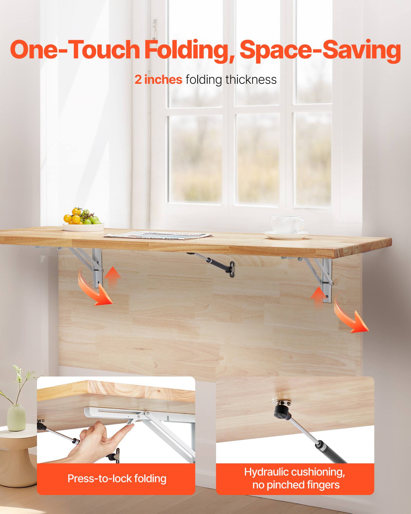 One-Touch Folding, Space-Saving  
2 inches folding thickness  

Press-to-lock folding  

Hydraulic cushioning, no pinched fingers