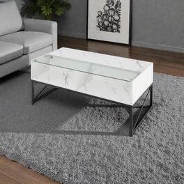 Hivvago - Faux Marble Accent Table with Clear Glass Surface - White