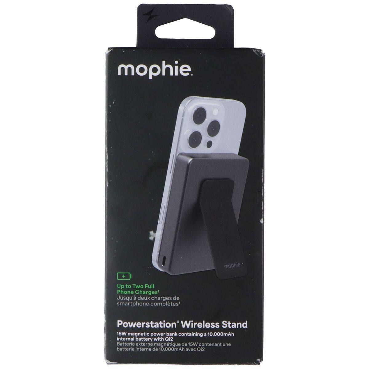 mophie

Up to Two Full Phone Charges  
Jusqu'à deux charges de smartphone.complètes'

Powerstation Wireless Stand  
15W magnetic power bank containing a 10,000mAh internal battery with Qi2  
Batterie externe magnétique de 15W contenant une batterie interne de 10,000mAh avec Q12