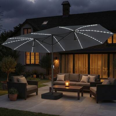 Angle. Crestlive Products - Crestlive Products 15 x 9 FT Solar Light Double-Sided Patio Outdoor Umbrella Tilting Waterproof Metal Pole Base Included - dark gray.
