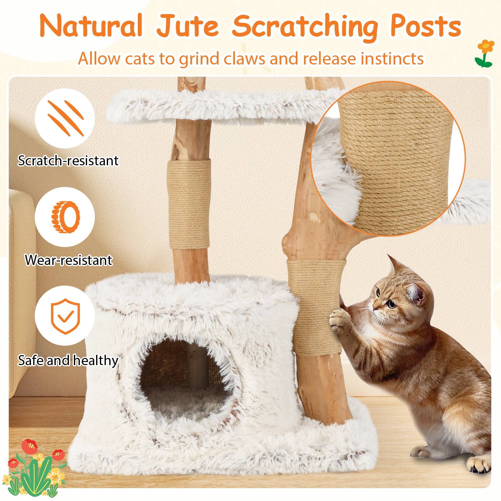 Natural Jute Scratching Posts  
Allow cats to grind claws and release instincts  

- Scratch-resistant  
- Wear-resistant  
- Safe and healthy