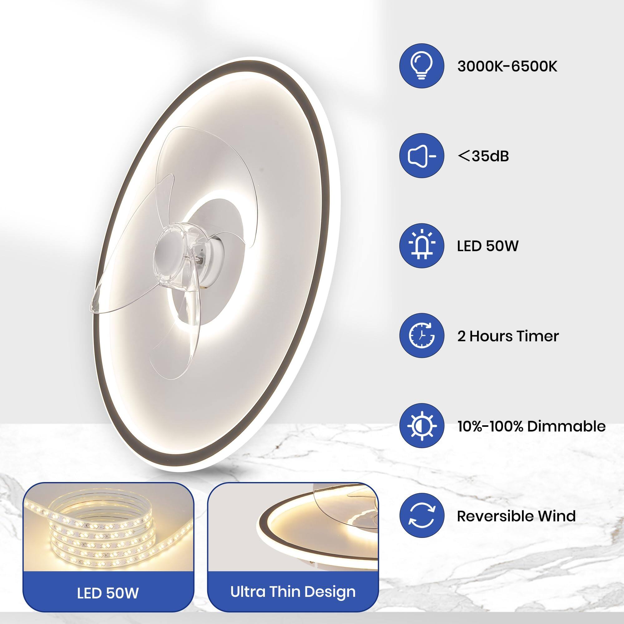 - 3000K-6500K
- <35dB
- LED 50W
- 2 Hours Timer
- 10%-100% Dimmable
- Reversible Wind
- Ultra Thin Design