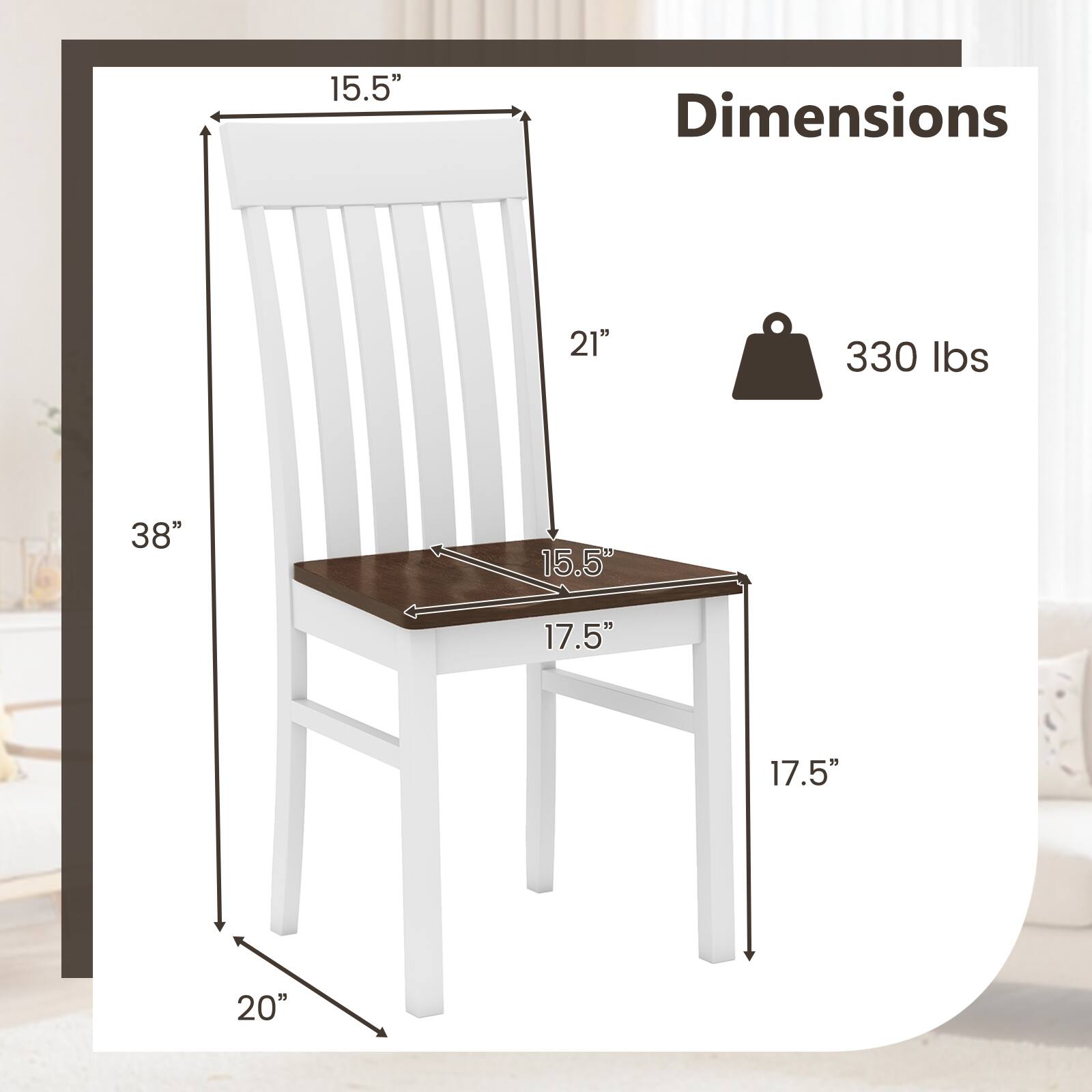 Dimensions
15.5"
21"
330 lbs
38"
15.5"
17.5"
17.5"
20"