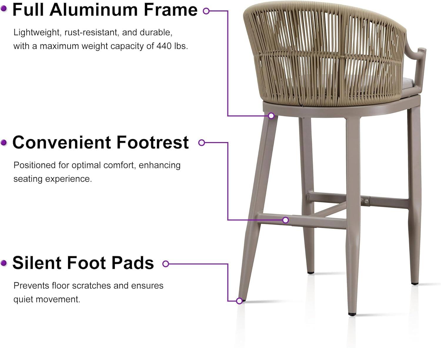 - **Full Aluminum Frame**
  - Lightweight, rust-resistant, and durable, with a maximum weight capacity of 440 lbs.

- **Convenient Footrest**
  - Positioned for optimal comfort, enhancing seating experience.

- **Silent Foot Pads**
  - Prevents floor scratches and ensures quiet movement.
